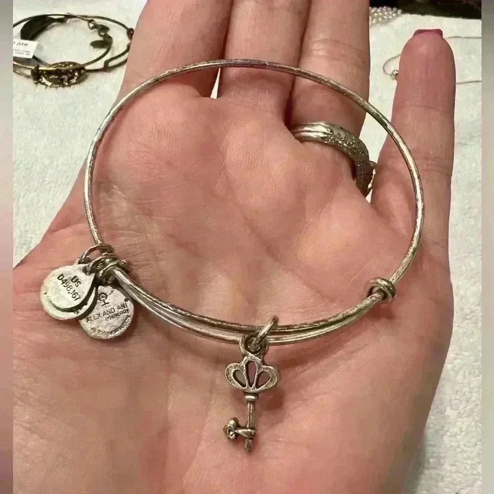 Alex and Ani Skeleton Key Charm Bangle In Rafaelian Silver-slight discoloration